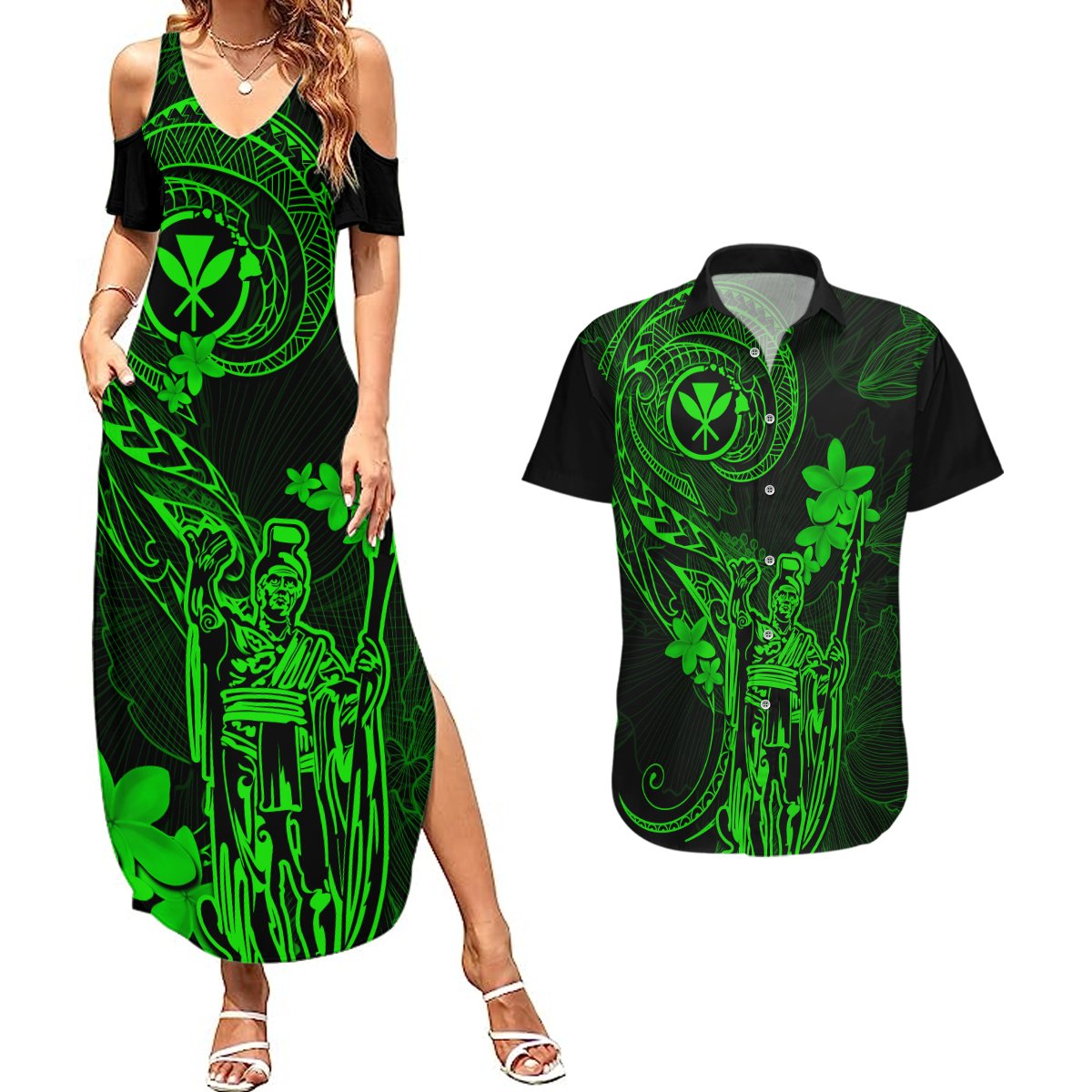 Hawaii Couples Matching Summer Maxi Dress and Hawaiian Shirt King Kamehameha Mix Polynesian Plumeria Green Version LT14 Green - Polynesian Pride