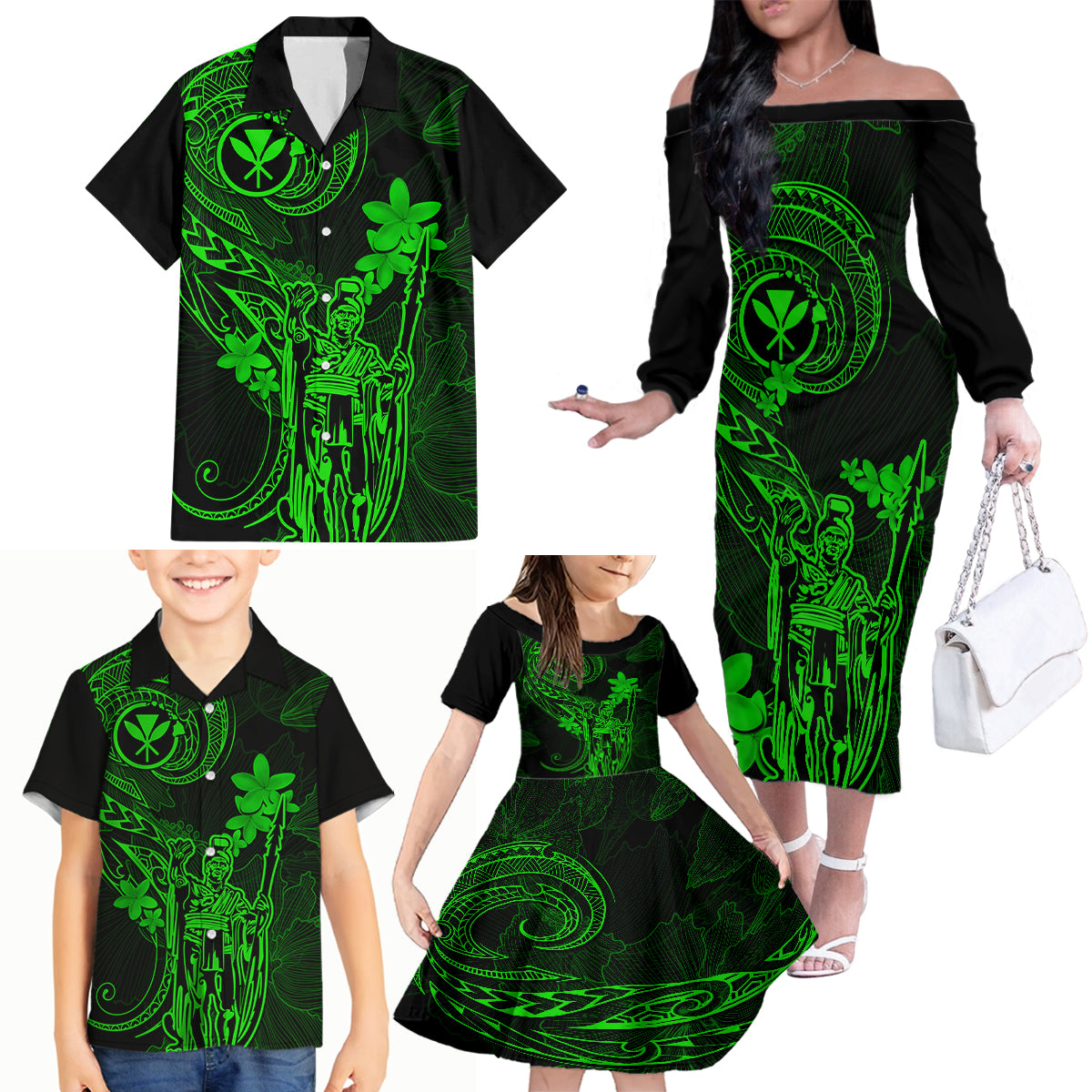 Hawaii Family Matching Off Shoulder Long Sleeve Dress and Hawaiian Shirt King Kamehameha Mix Polynesian Plumeria Green Version LT14 - Polynesian Pride