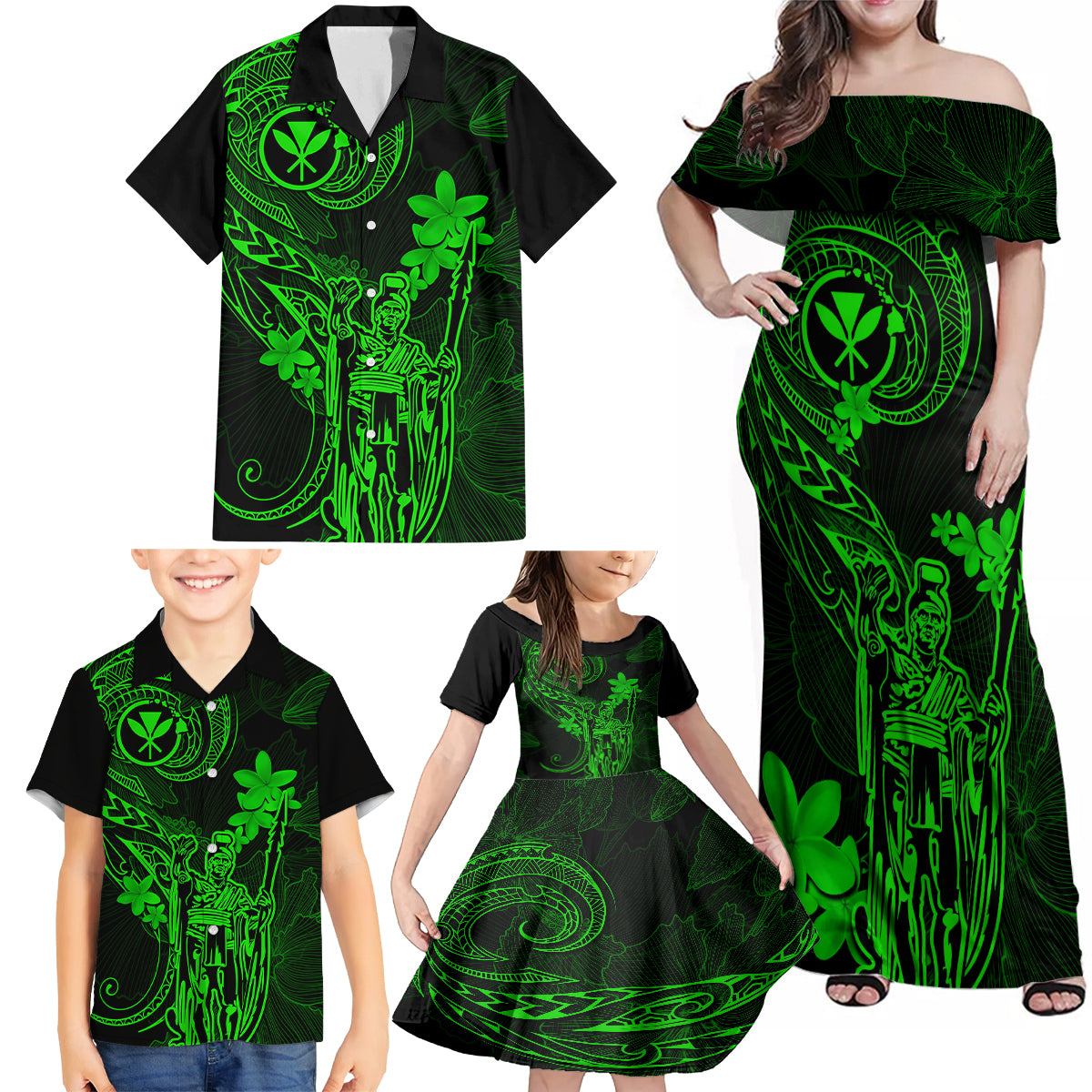 Hawaii Family Matching Off Shoulder Maxi Dress and Hawaiian Shirt King Kamehameha Mix Polynesian Plumeria Green Version LT14 - Polynesian Pride