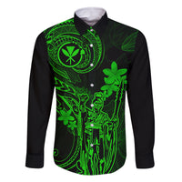 Hawaii Family Matching Puletasi Dress and Hawaiian Shirt King Kamehameha Mix Polynesian Plumeria Green Version LT14 Dad's Shirt - Long Sleeve Green - Polynesian Pride