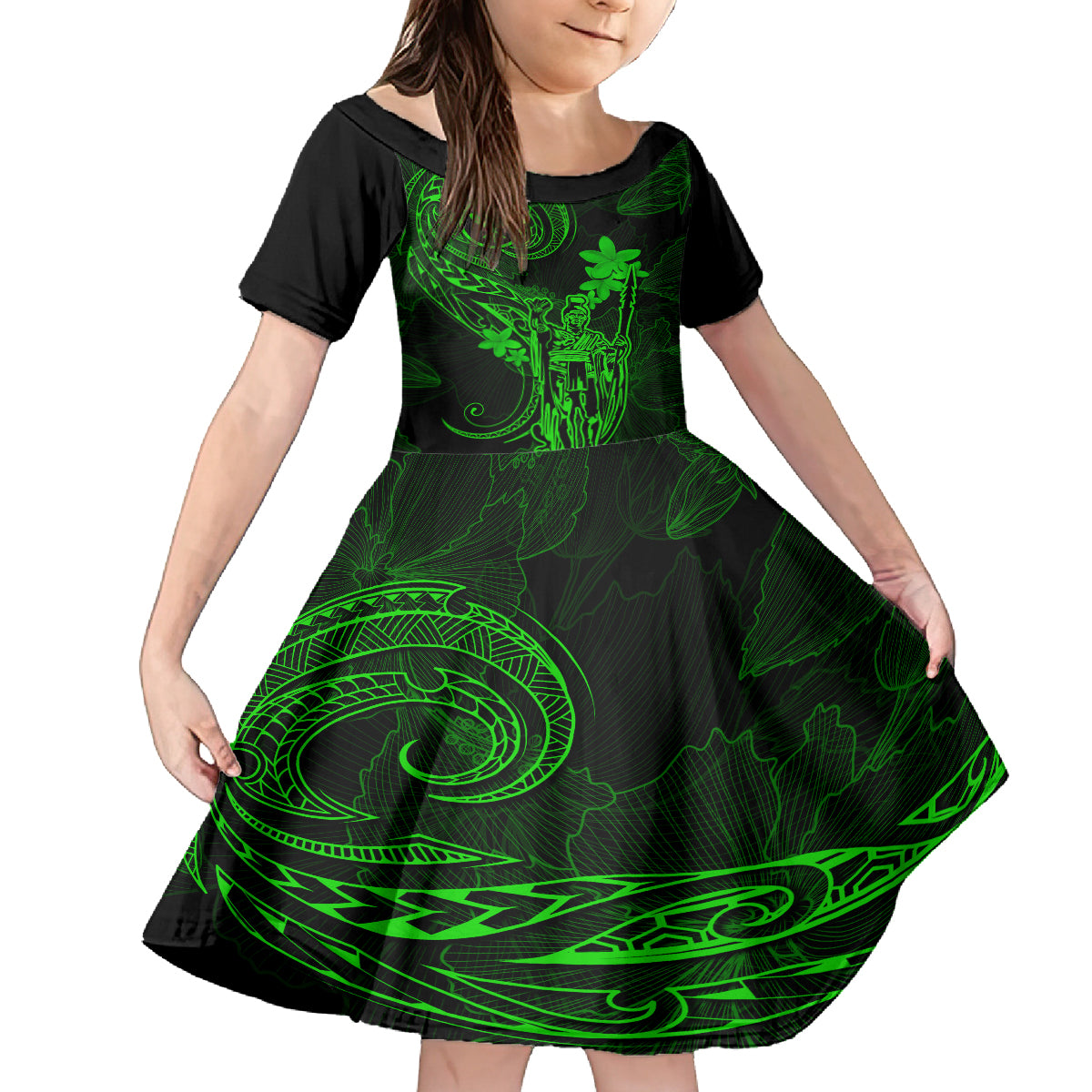 Hawaii Family Matching Short Sleeve Bodycon Dress and Hawaiian Shirt King Kamehameha Mix Polynesian Plumeria Green Version LT14 Daughter's Dress Green - Polynesian Pride
