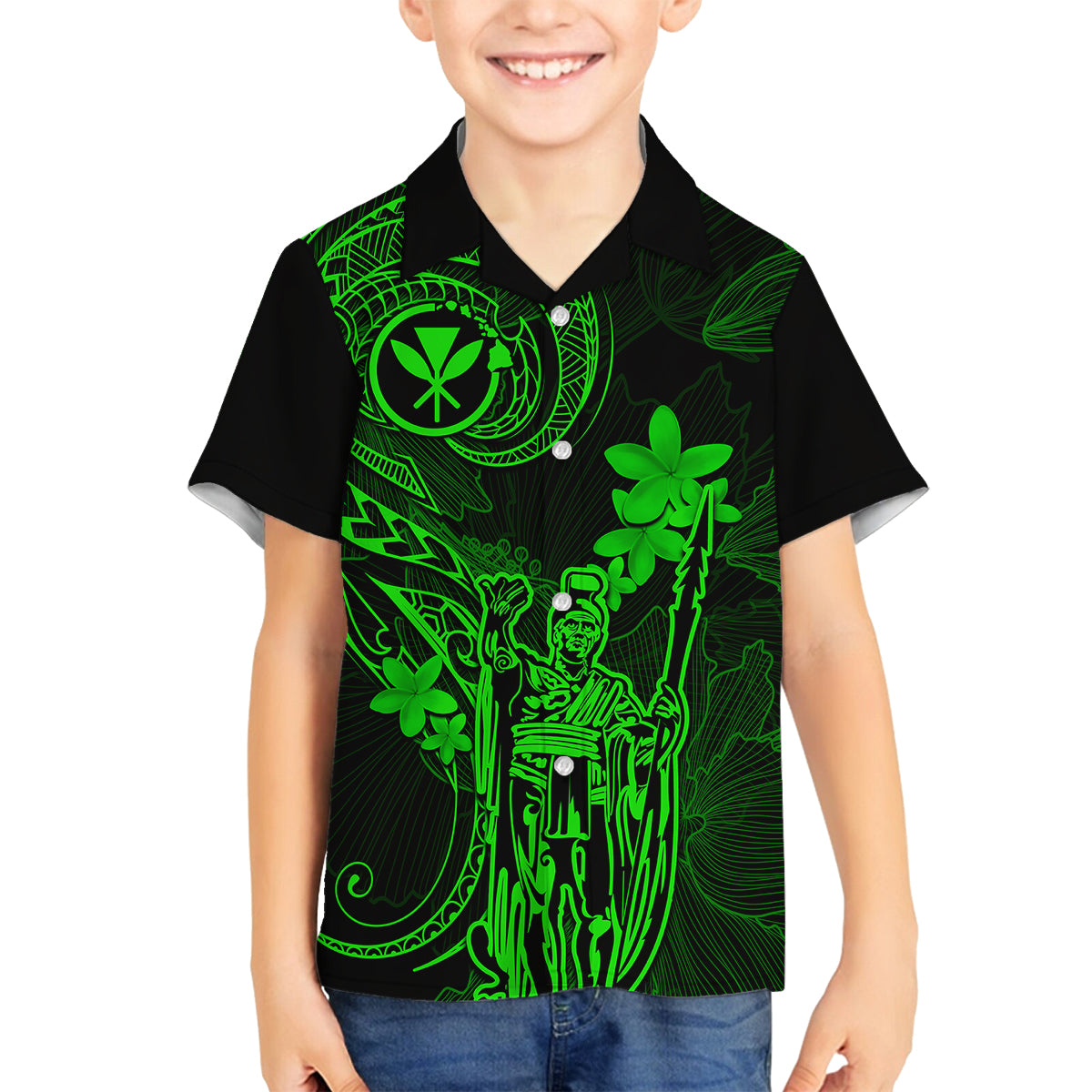 Hawaii Family Matching Short Sleeve Bodycon Dress and Hawaiian Shirt King Kamehameha Mix Polynesian Plumeria Green Version LT14 Son's Shirt Green - Polynesian Pride