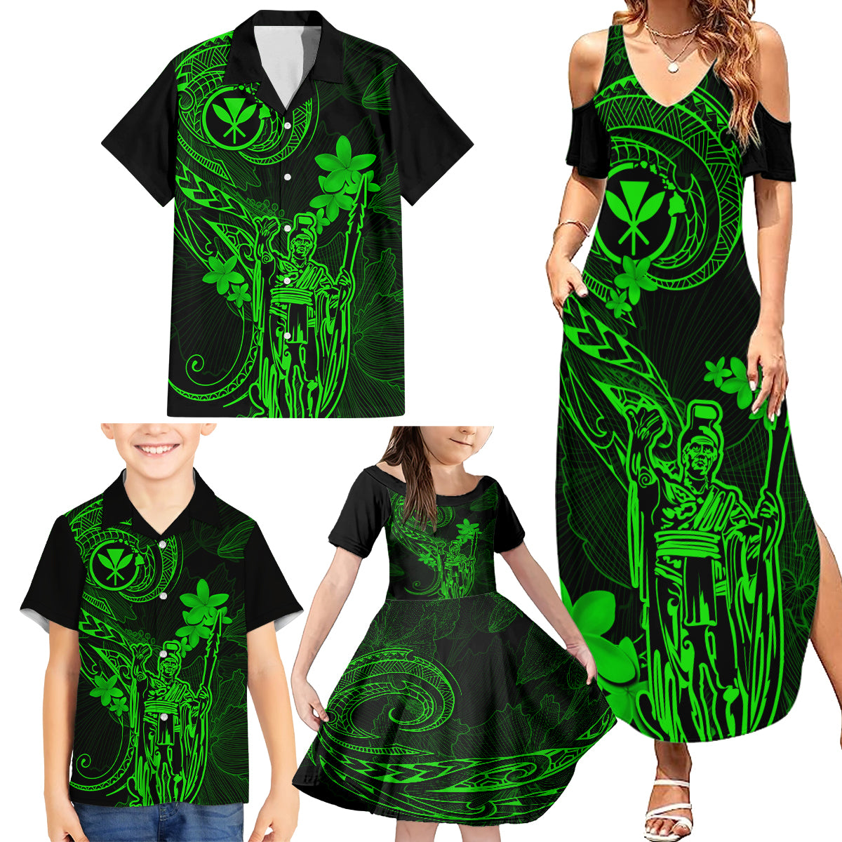 Hawaii Family Matching Summer Maxi Dress and Hawaiian Shirt King Kamehameha Mix Polynesian Plumeria Green Version LT14 - Polynesian Pride
