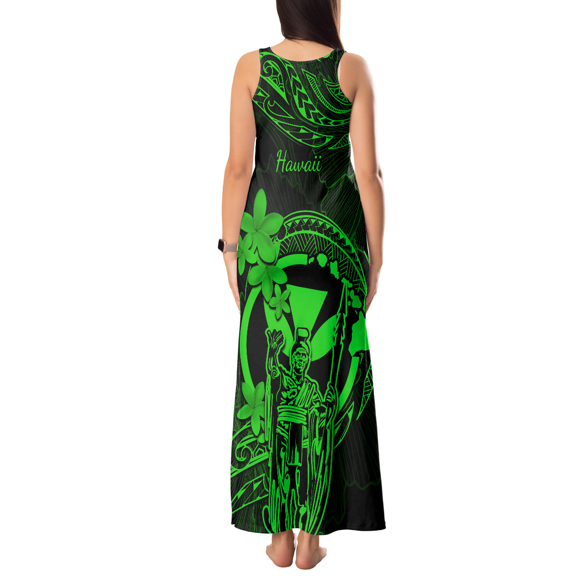 Hawaii Tank Maxi Dress King Kamehameha Mix Polynesian Plumeria Green Version LT14 - Polynesian Pride