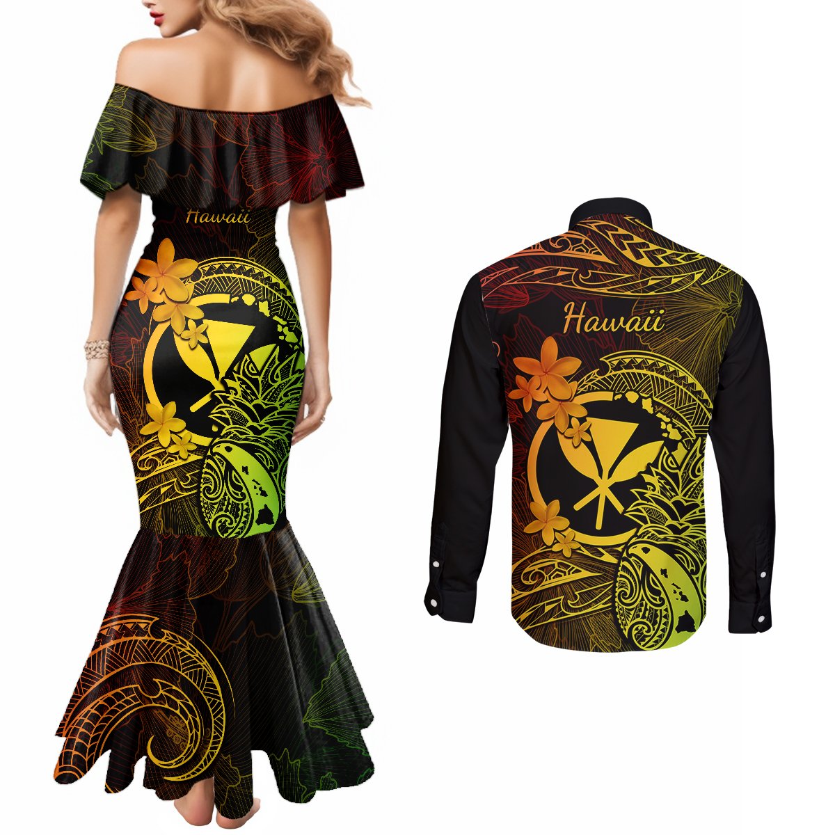 Hawaii Couples Matching Mermaid Dress and Long Sleeve Button Shirts Pineapple Mix Polynesian Plumeria Reggae Version LT14 - Polynesian Pride