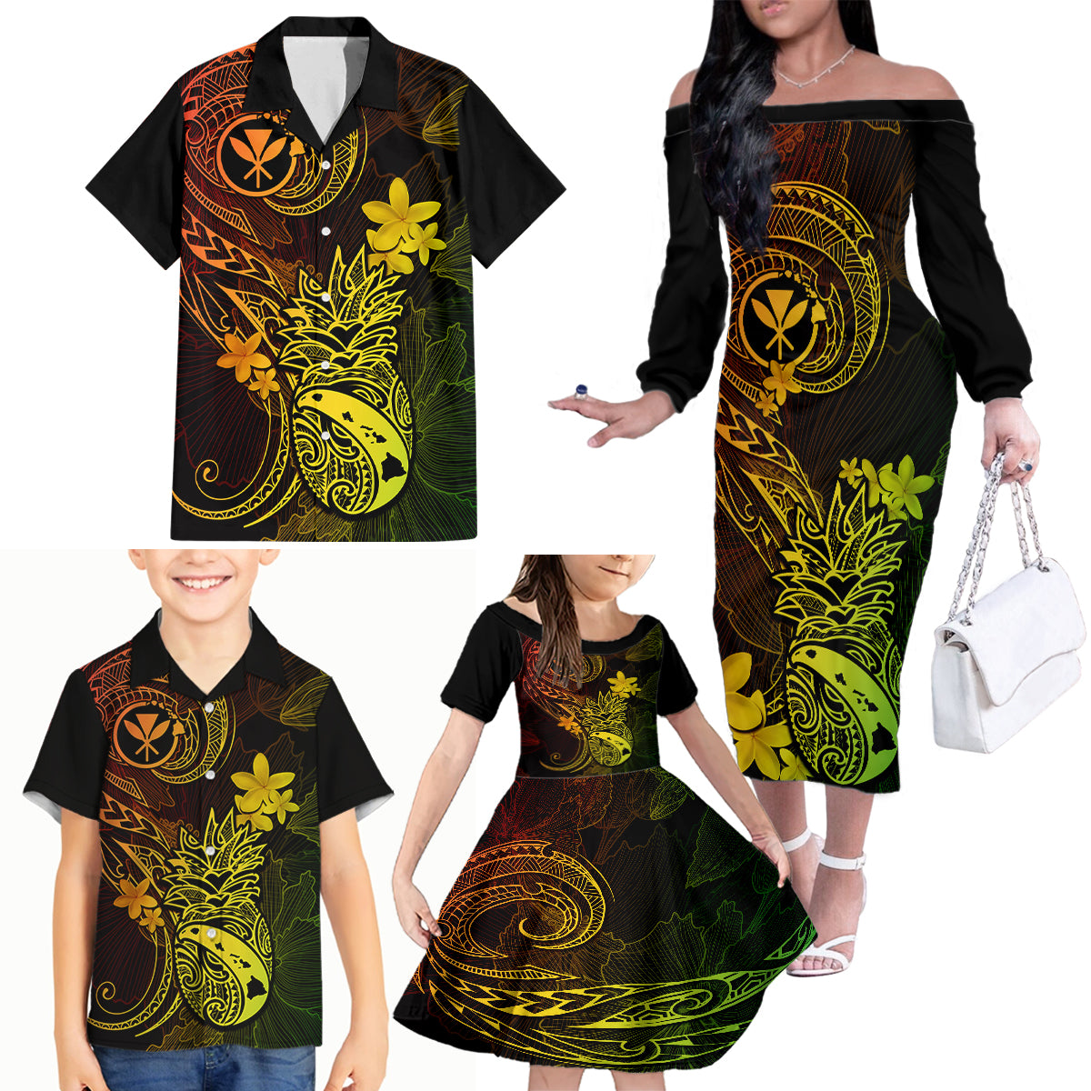 Hawaii Family Matching Off Shoulder Long Sleeve Dress and Hawaiian Shirt Pineapple Mix Polynesian Plumeria Reggae Version LT14 - Polynesian Pride