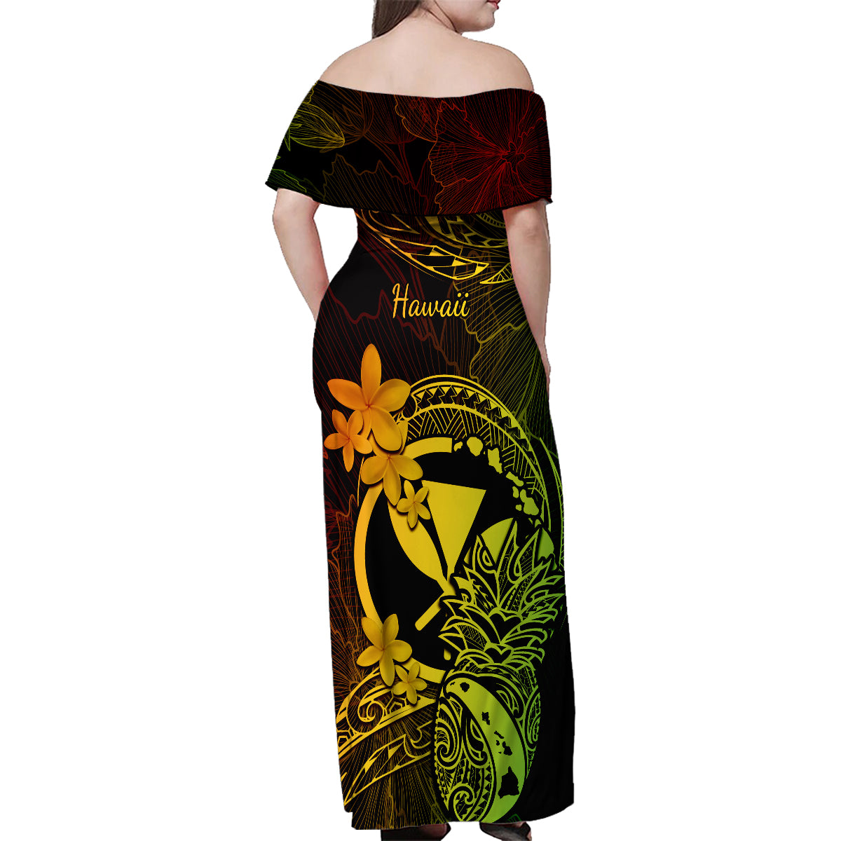 Hawaii Family Matching Off Shoulder Maxi Dress and Hawaiian Shirt Pineapple Mix Polynesian Plumeria Reggae Version LT14 - Polynesian Pride