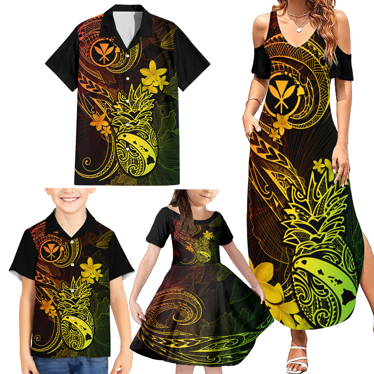 Hawaii Family Matching Summer Maxi Dress and Hawaiian Shirt Pineapple Mix Polynesian Plumeria Reggae Version LT14 - Polynesian Pride
