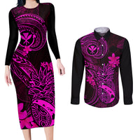 Hawaii Couples Matching Long Sleeve Bodycon Dress and Long Sleeve Button Shirts Pineapple Mix Polynesian Plumeria Pink Version LT14 Pink - Polynesian Pride