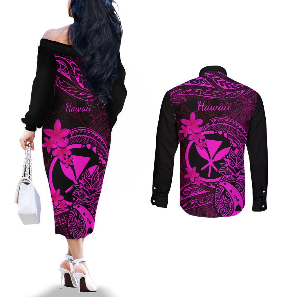 Hawaii Couples Matching Off The Shoulder Long Sleeve Dress and Long Sleeve Button Shirts Pineapple Mix Polynesian Plumeria Pink Version LT14 - Polynesian Pride