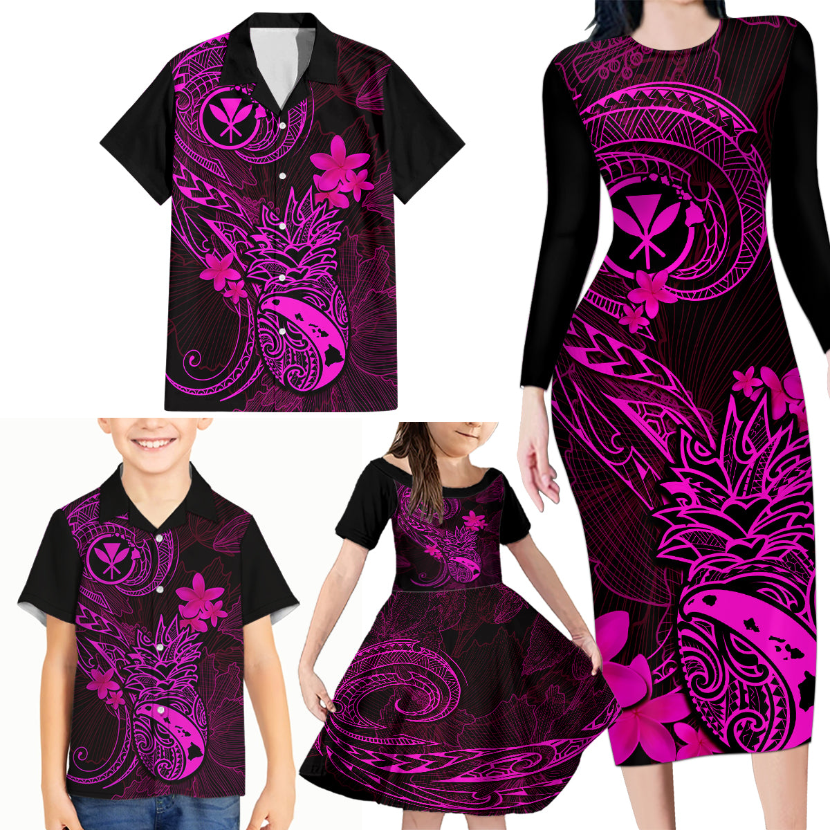 Hawaii Family Matching Long Sleeve Bodycon Dress and Hawaiian Shirt Pineapple Mix Polynesian Plumeria Pink Version LT14 - Polynesian Pride