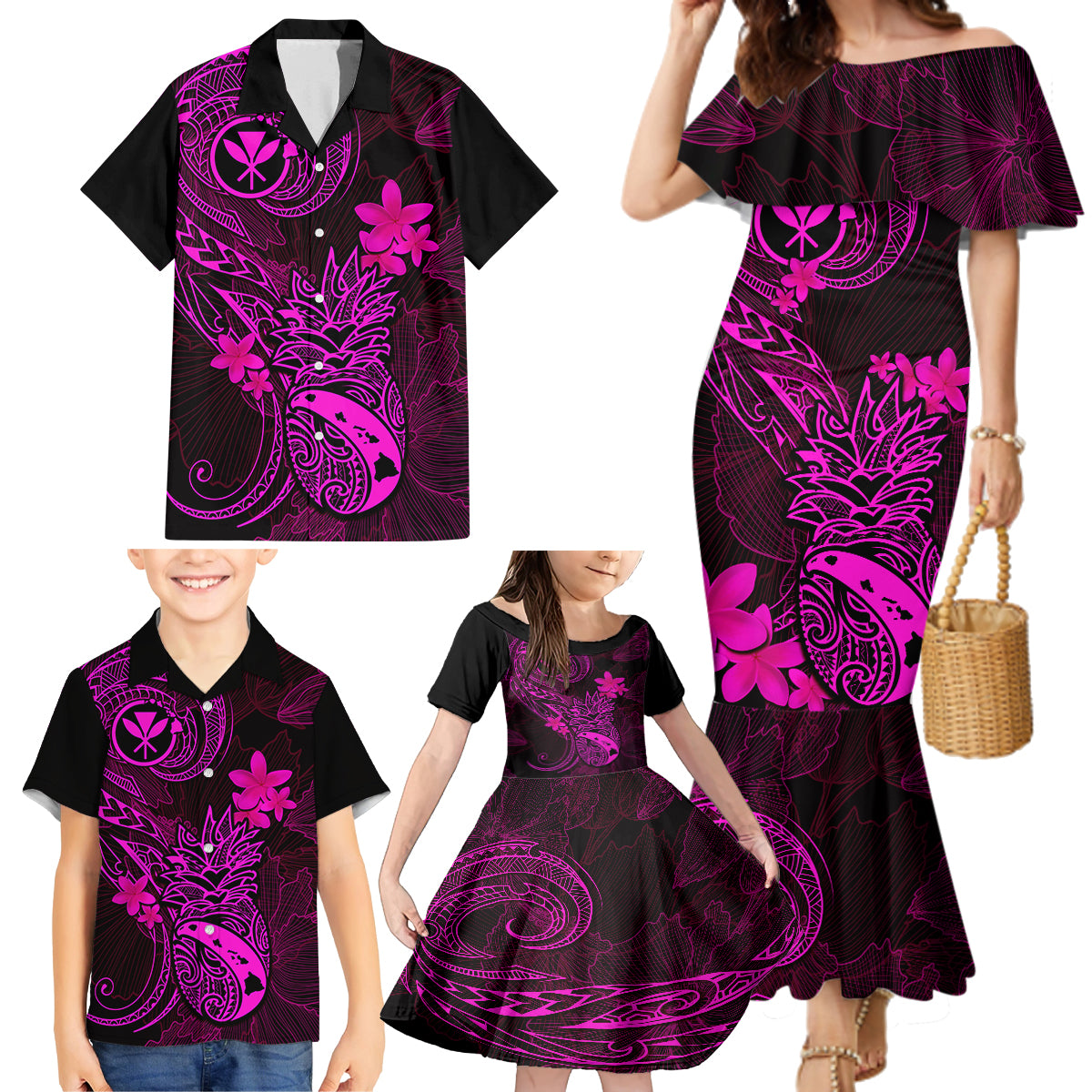 Hawaii Family Matching Mermaid Dress and Hawaiian Shirt Pineapple Mix Polynesian Plumeria Pink Version LT14 - Polynesian Pride