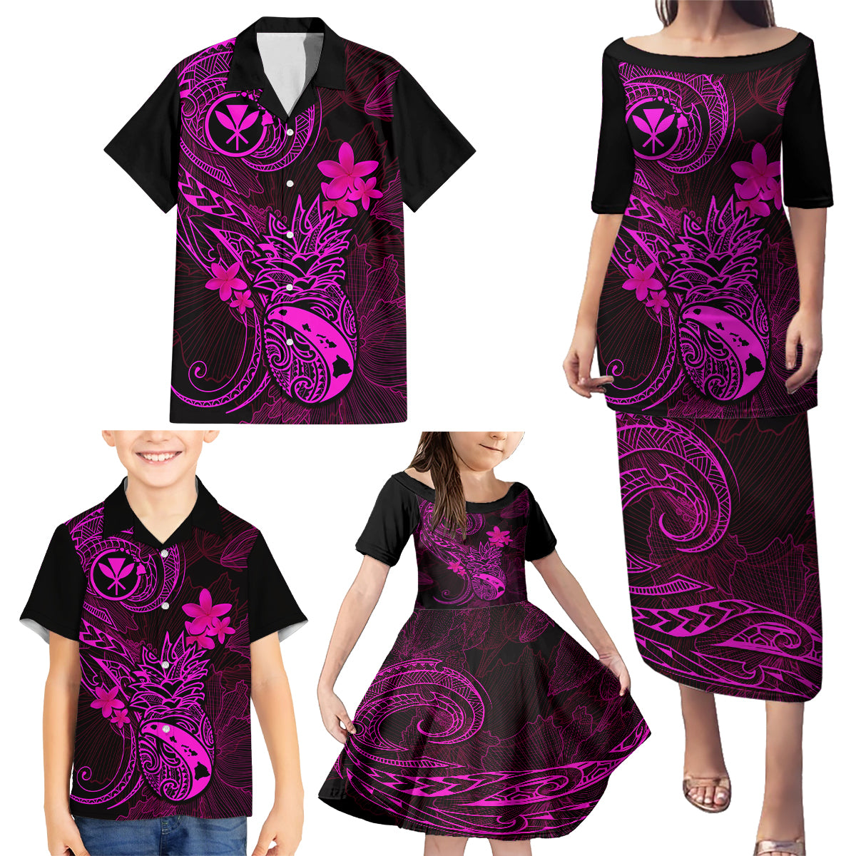 Hawaii Family Matching Puletasi Dress and Hawaiian Shirt Pineapple Mix Polynesian Plumeria Pink Version LT14 - Polynesian Pride