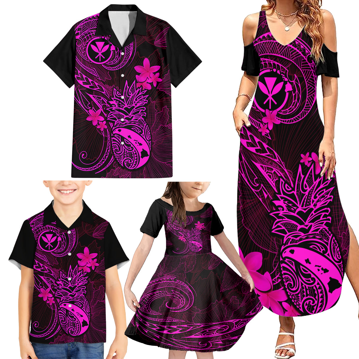 Hawaii Family Matching Summer Maxi Dress and Hawaiian Shirt Pineapple Mix Polynesian Plumeria Pink Version LT14 - Polynesian Pride