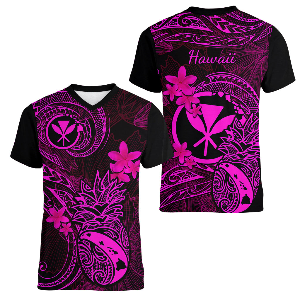 Hawaii Women V Neck T Shirt Pineapple Mix Polynesian Plumeria Pink Version LT14 - Polynesian Pride