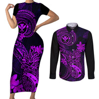 Hawaii Couples Matching Short Sleeve Bodycon Dress and Long Sleeve Button Shirts Pineapple Mix Polynesian Plumeria Purple Version LT14 Purple - Polynesian Pride