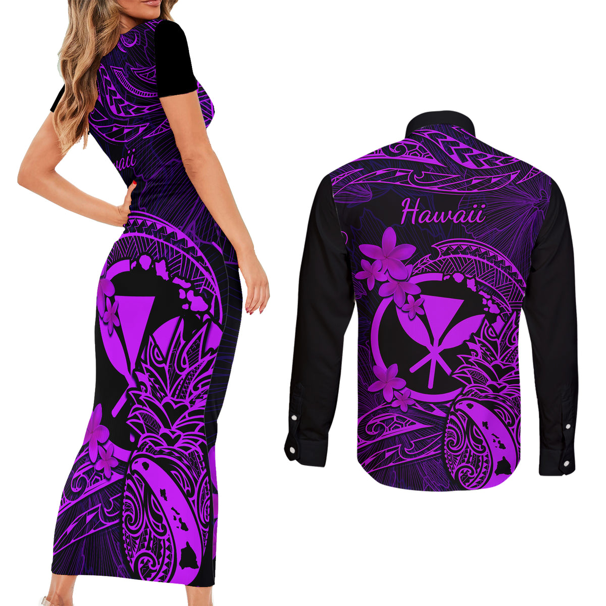 Hawaii Couples Matching Short Sleeve Bodycon Dress and Long Sleeve Button Shirts Pineapple Mix Polynesian Plumeria Purple Version LT14 - Polynesian Pride