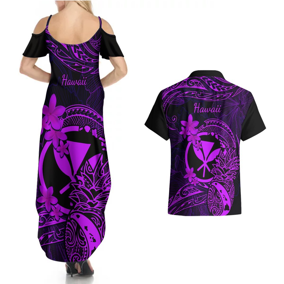 Hawaii Couples Matching Summer Maxi Dress and Hawaiian Shirt Pineapple Mix Polynesian Plumeria Purple Version LT14 - Polynesian Pride