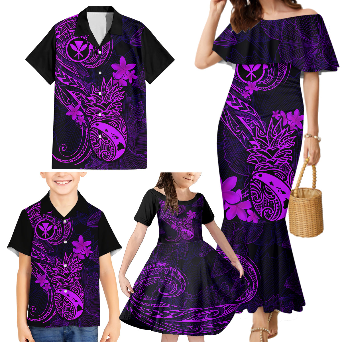 Hawaii Family Matching Mermaid Dress and Hawaiian Shirt Pineapple Mix Polynesian Plumeria Purple Version LT14 - Polynesian Pride