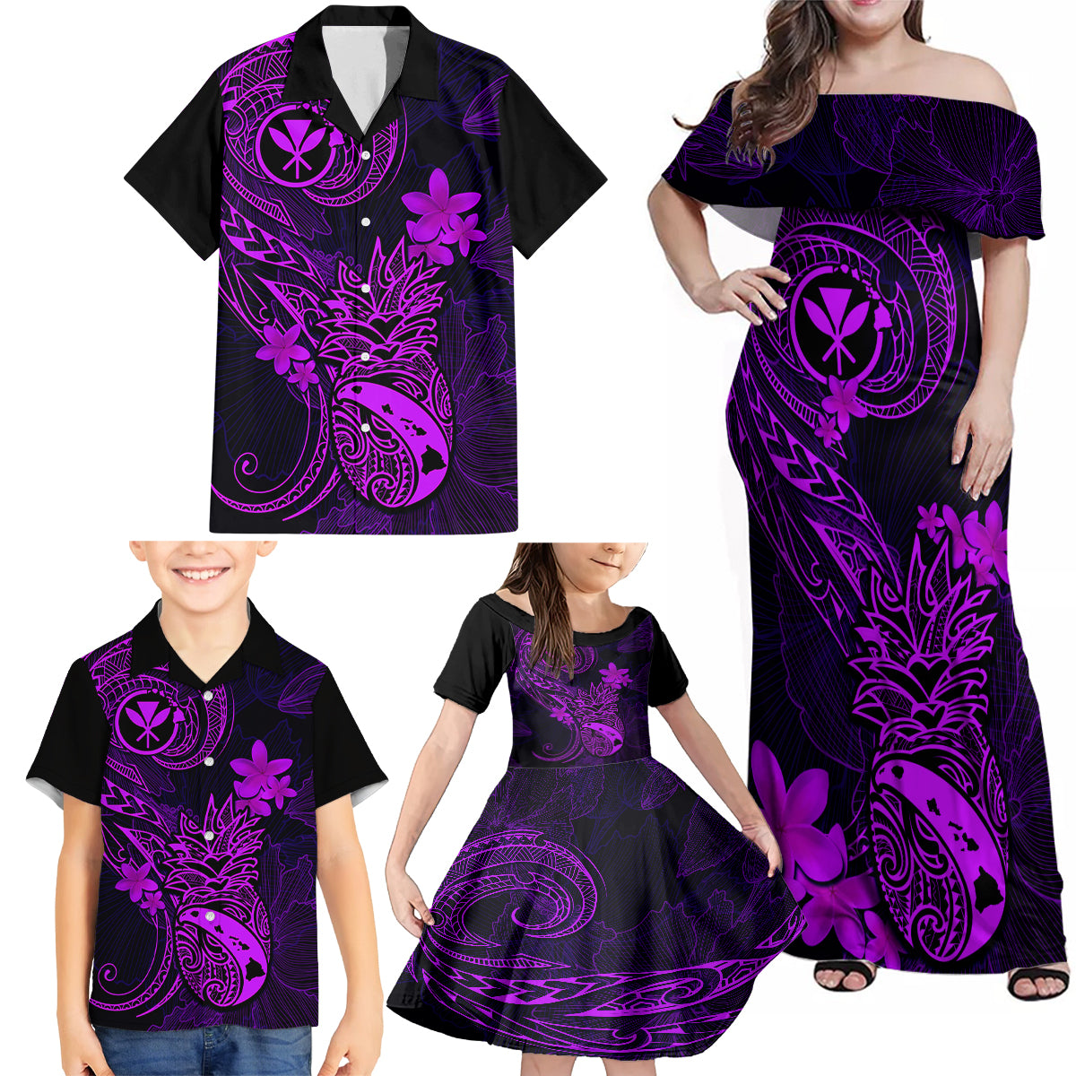 Hawaii Family Matching Off Shoulder Maxi Dress and Hawaiian Shirt Pineapple Mix Polynesian Plumeria Purple Version LT14 - Polynesian Pride