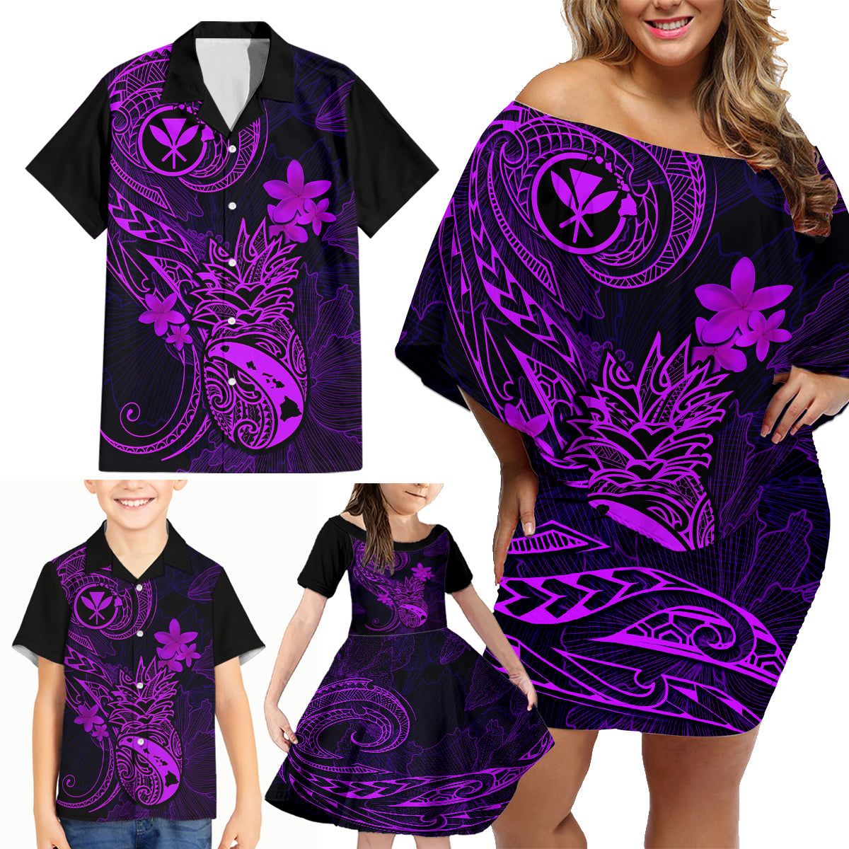 Hawaii Family Matching Off Shoulder Short Dress and Hawaiian Shirt Pineapple Mix Polynesian Plumeria Purple Version LT14 - Polynesian Pride