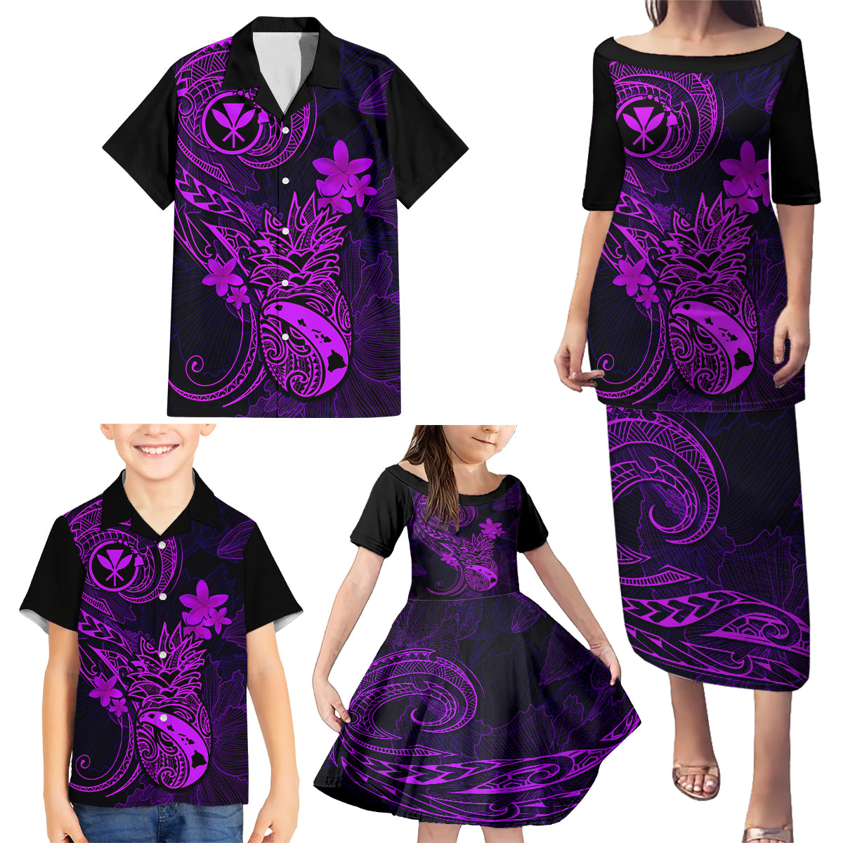 Hawaii Family Matching Puletasi Dress and Hawaiian Shirt Pineapple Mix Polynesian Plumeria Purple Version LT14 - Polynesian Pride