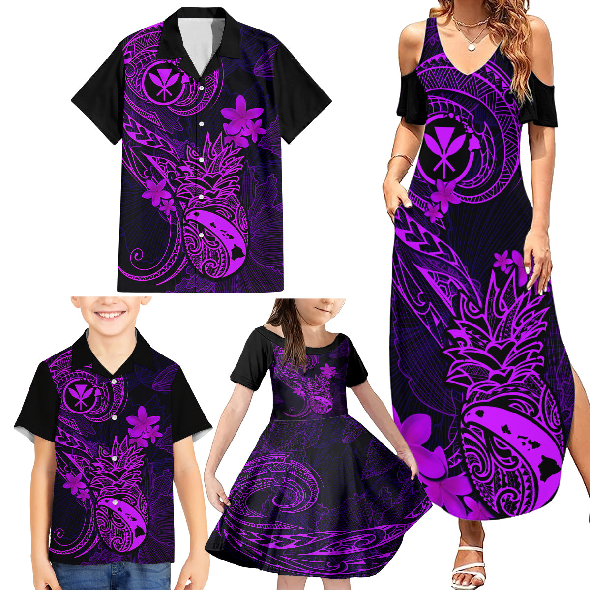 Hawaii Family Matching Summer Maxi Dress and Hawaiian Shirt Pineapple Mix Polynesian Plumeria Purple Version LT14 - Polynesian Pride