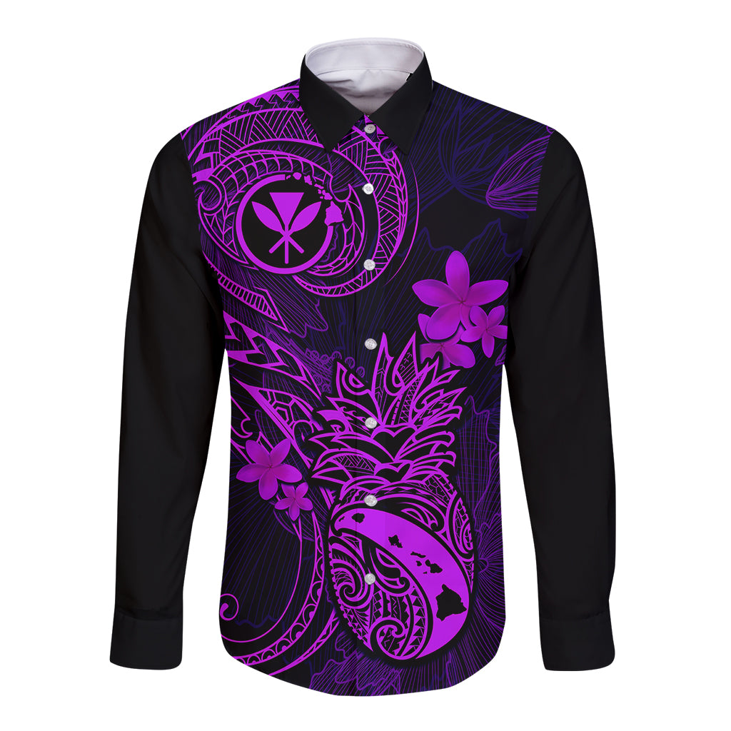 Hawaii Long Sleeve Button Shirt Pineapple Mix Polynesian Plumeria Purple Version LT14 Unisex Purple - Polynesian Pride