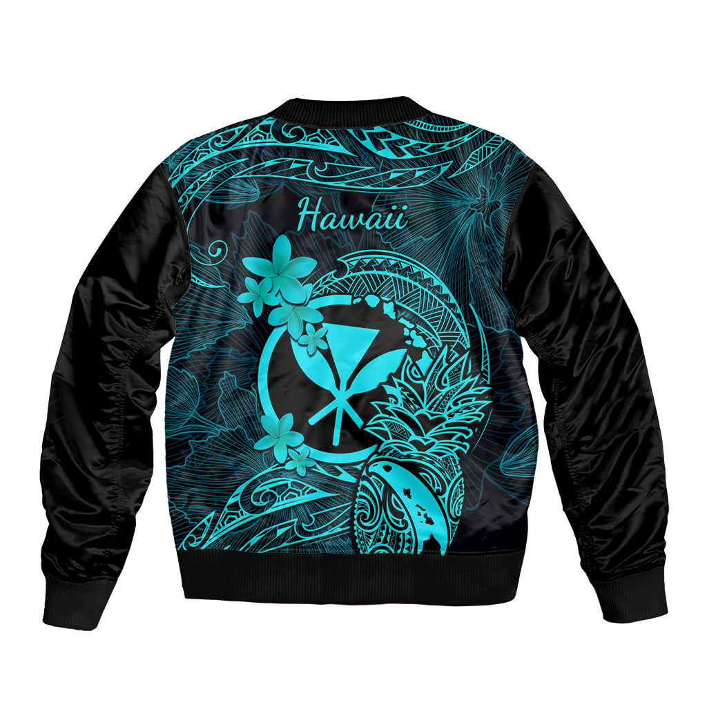 Hawaii Bomber Jacket Pineapple Mix Polynesian Plumeria Turquoise Version LT14 - Polynesian Pride