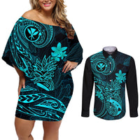 Hawaii Couples Matching Off Shoulder Short Dress and Long Sleeve Button Shirts Pineapple Mix Polynesian Plumeria Turquoise Version LT14 Turquoise - Polynesian Pride
