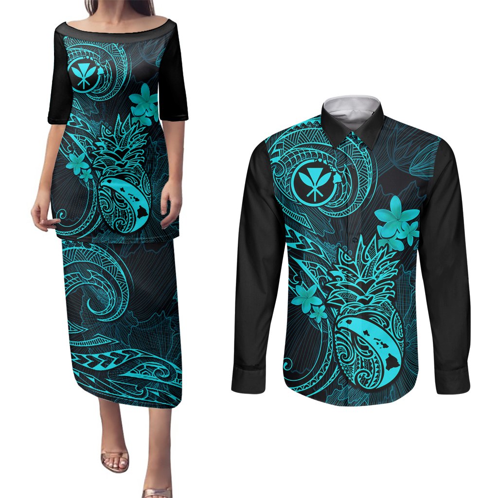 Hawaii Couples Matching Puletasi Dress and Long Sleeve Button Shirts Pineapple Mix Polynesian Plumeria Turquoise Version LT14 Turquoise - Polynesian Pride