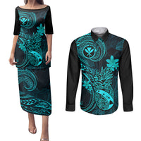 Hawaii Couples Matching Puletasi Dress and Long Sleeve Button Shirts Pineapple Mix Polynesian Plumeria Turquoise Version LT14 Turquoise - Polynesian Pride