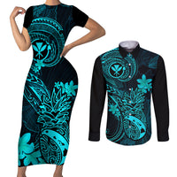 Hawaii Couples Matching Short Sleeve Bodycon Dress and Long Sleeve Button Shirts Pineapple Mix Polynesian Plumeria Turquoise Version LT14 Turquoise - Polynesian Pride