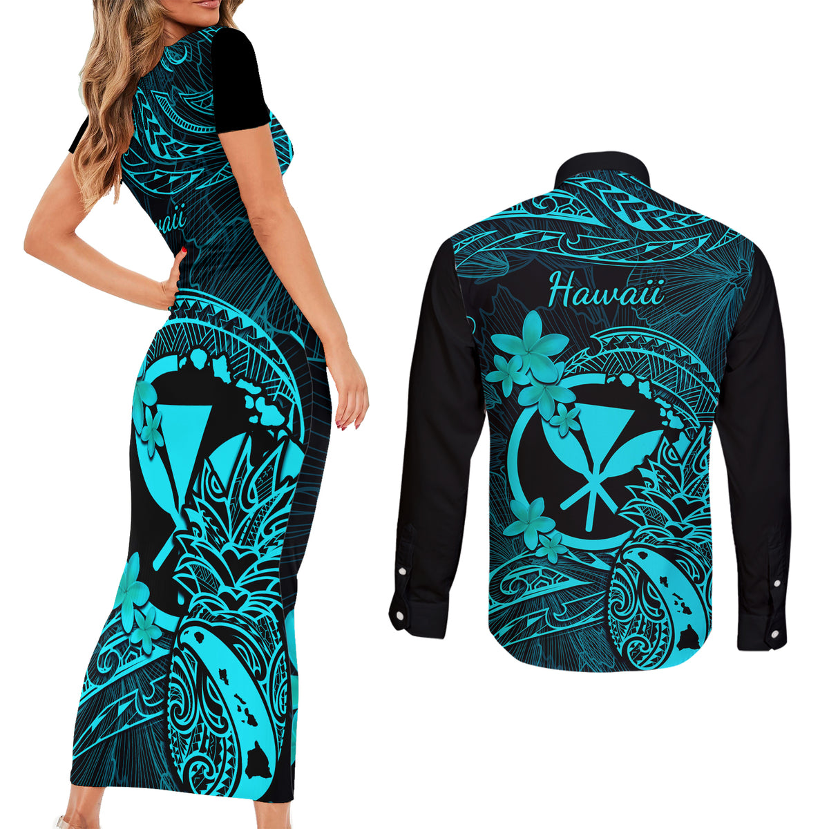 Hawaii Couples Matching Short Sleeve Bodycon Dress and Long Sleeve Button Shirts Pineapple Mix Polynesian Plumeria Turquoise Version LT14 - Polynesian Pride