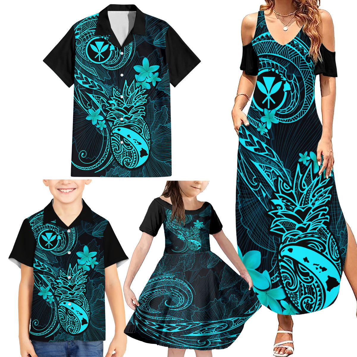 Hawaii Family Matching Summer Maxi Dress and Hawaiian Shirt Pineapple Mix Polynesian Plumeria Turquoise Version LT14 - Polynesian Pride