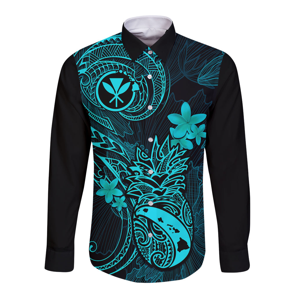 Hawaii Long Sleeve Button Shirt Pineapple Mix Polynesian Plumeria Turquoise Version LT14 Unisex Turquoise - Polynesian Pride