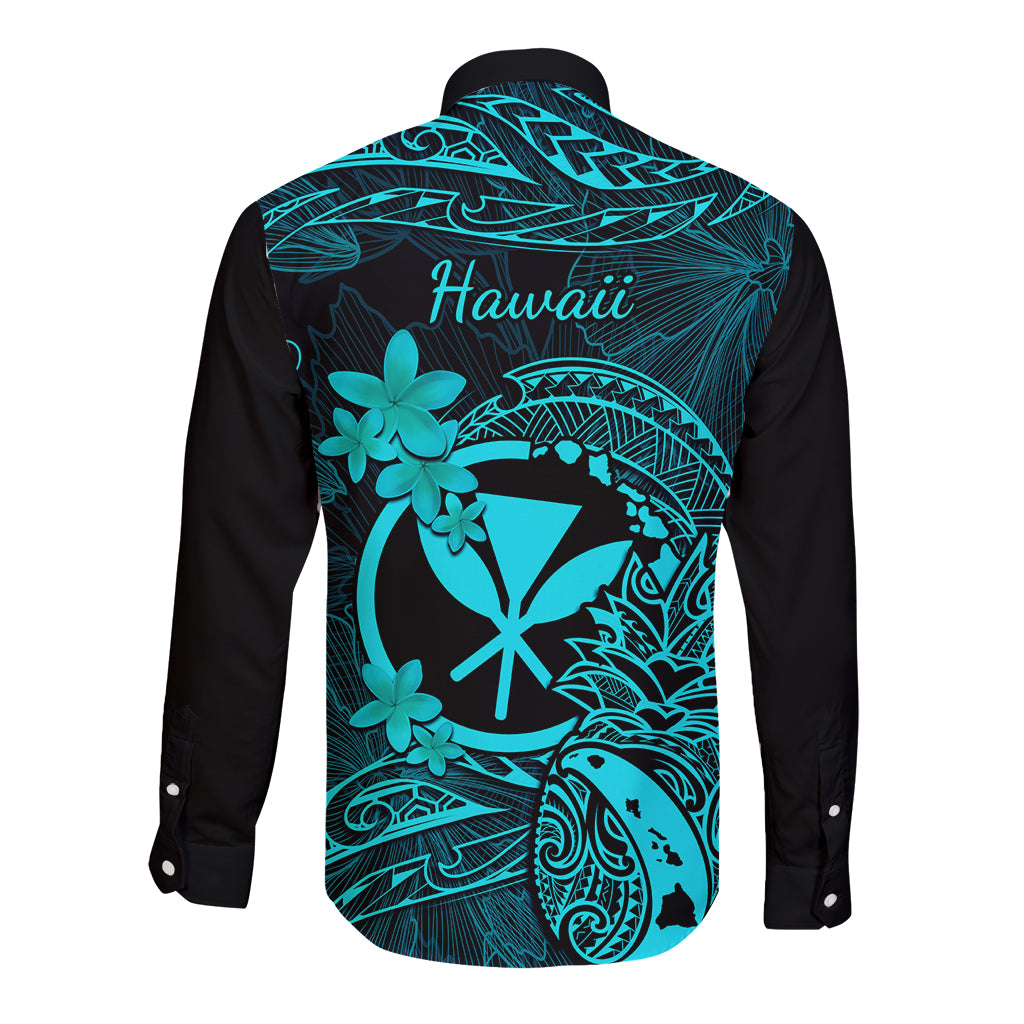 Hawaii Long Sleeve Button Shirt Pineapple Mix Polynesian Plumeria Turquoise Version LT14 - Polynesian Pride