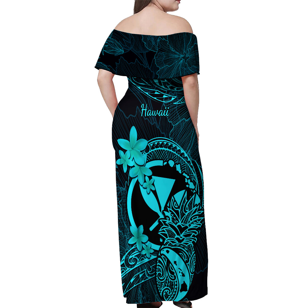 Hawaii Off Shoulder Maxi Dress Pineapple Mix Polynesian Plumeria Turquoise Version LT14 - Polynesian Pride
