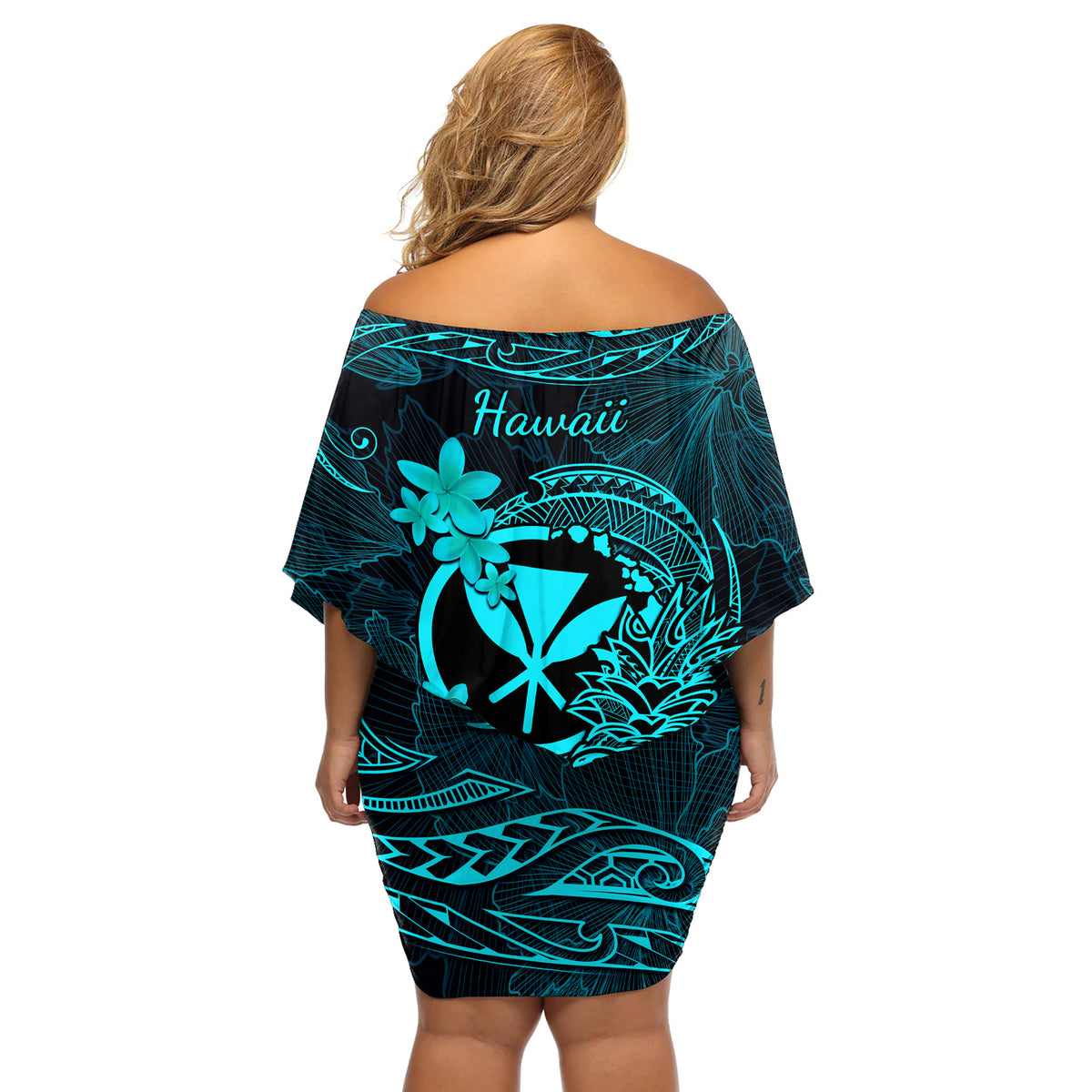 Hawaii Off Shoulder Short Dress Pineapple Mix Polynesian Plumeria Turquoise Version LT14 - Polynesian Pride