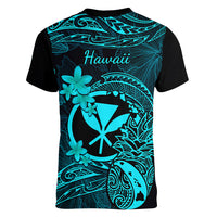 Hawaii Women V Neck T Shirt Pineapple Mix Polynesian Plumeria Turquoise Version LT14 - Polynesian Pride