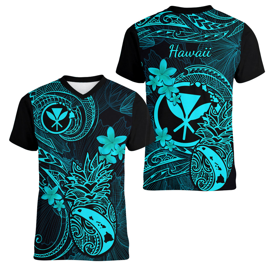 Hawaii Women V Neck T Shirt Pineapple Mix Polynesian Plumeria Turquoise Version LT14 - Polynesian Pride