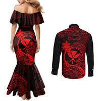 Hawaii Couples Matching Mermaid Dress and Long Sleeve Button Shirts Pineapple Mix Polynesian Plumeria Red Version LT14 - Polynesian Pride