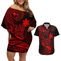 Hawaii Couples Matching Off Shoulder Short Dress and Hawaiian Shirt Pineapple Mix Polynesian Plumeria Red Version LT14 Red - Polynesian Pride