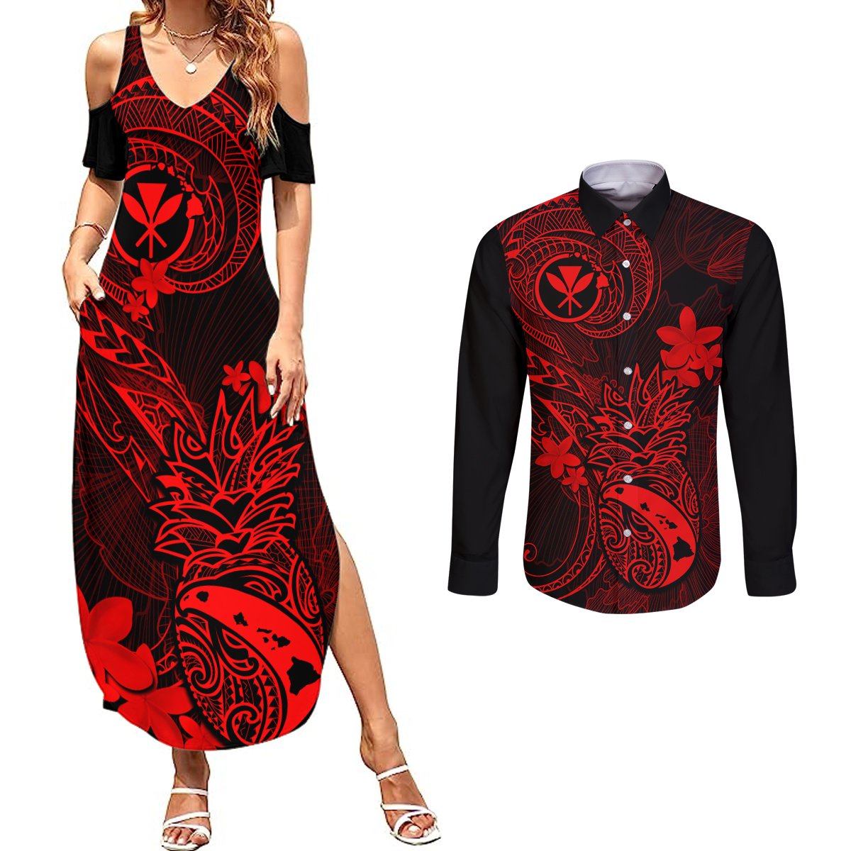 Hawaii Couples Matching Summer Maxi Dress and Long Sleeve Button Shirts Pineapple Mix Polynesian Plumeria Red Version LT14 Red - Polynesian Pride