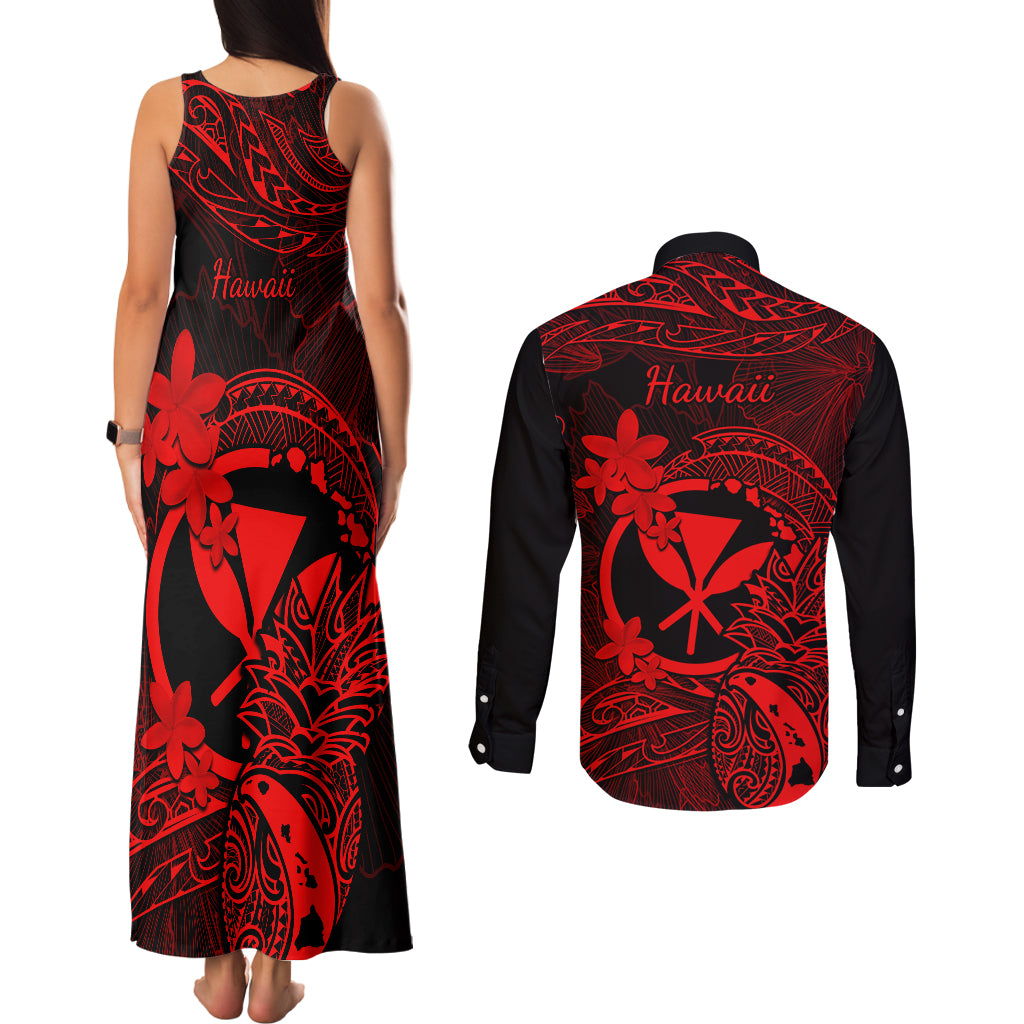 Hawaii Couples Matching Tank Maxi Dress and Long Sleeve Button Shirts Pineapple Mix Polynesian Plumeria Red Version LT14 - Polynesian Pride