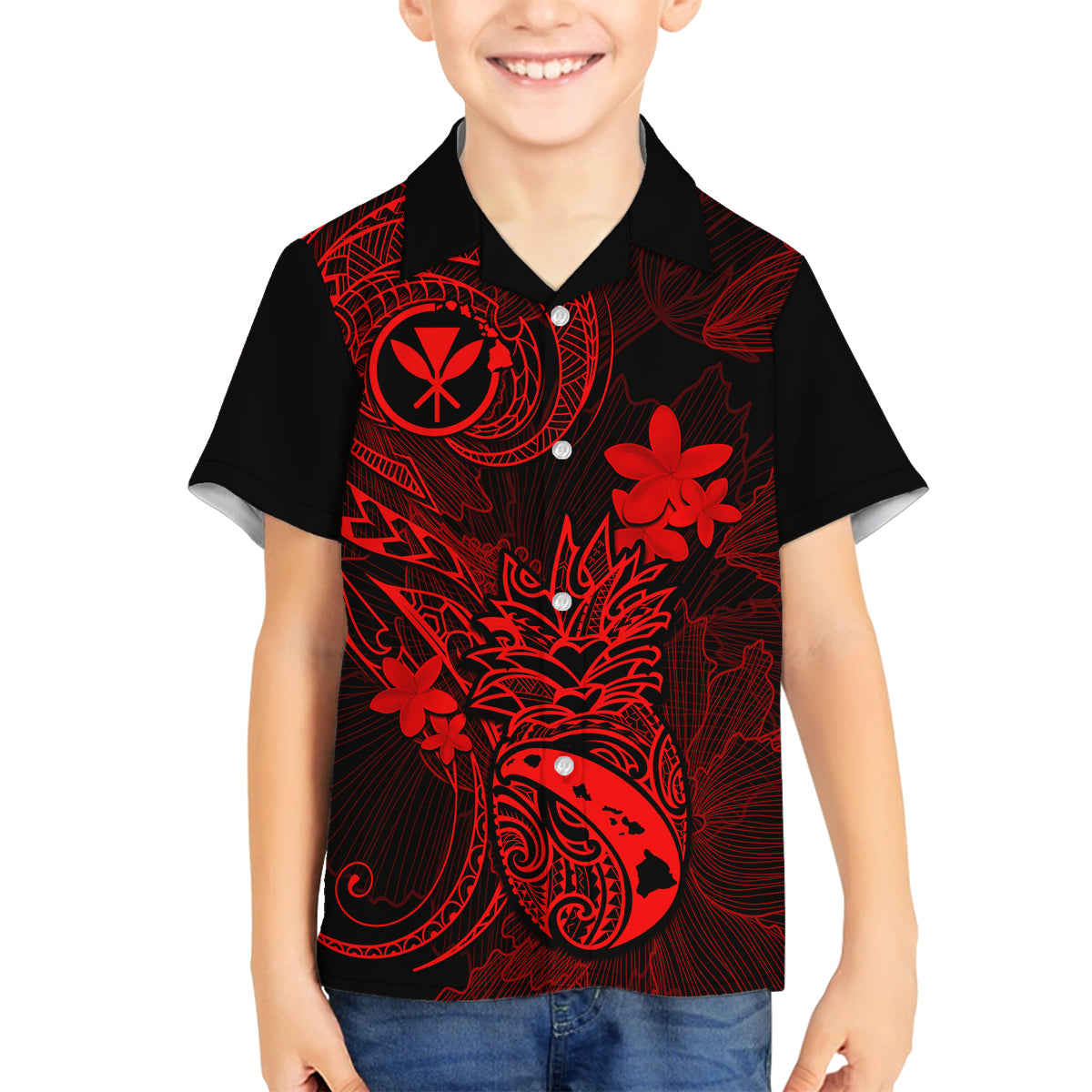 Hawaii Family Matching Puletasi Dress and Hawaiian Shirt Pineapple Mix Polynesian Plumeria Red Version LT14 Son's Shirt Red - Polynesian Pride