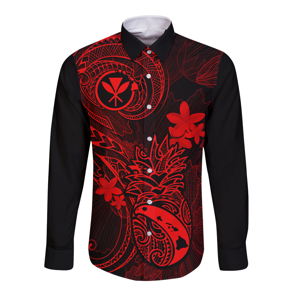 Hawaii Long Sleeve Button Shirt Pineapple Mix Polynesian Plumeria Red Version LT14 Unisex Red - Polynesian Pride