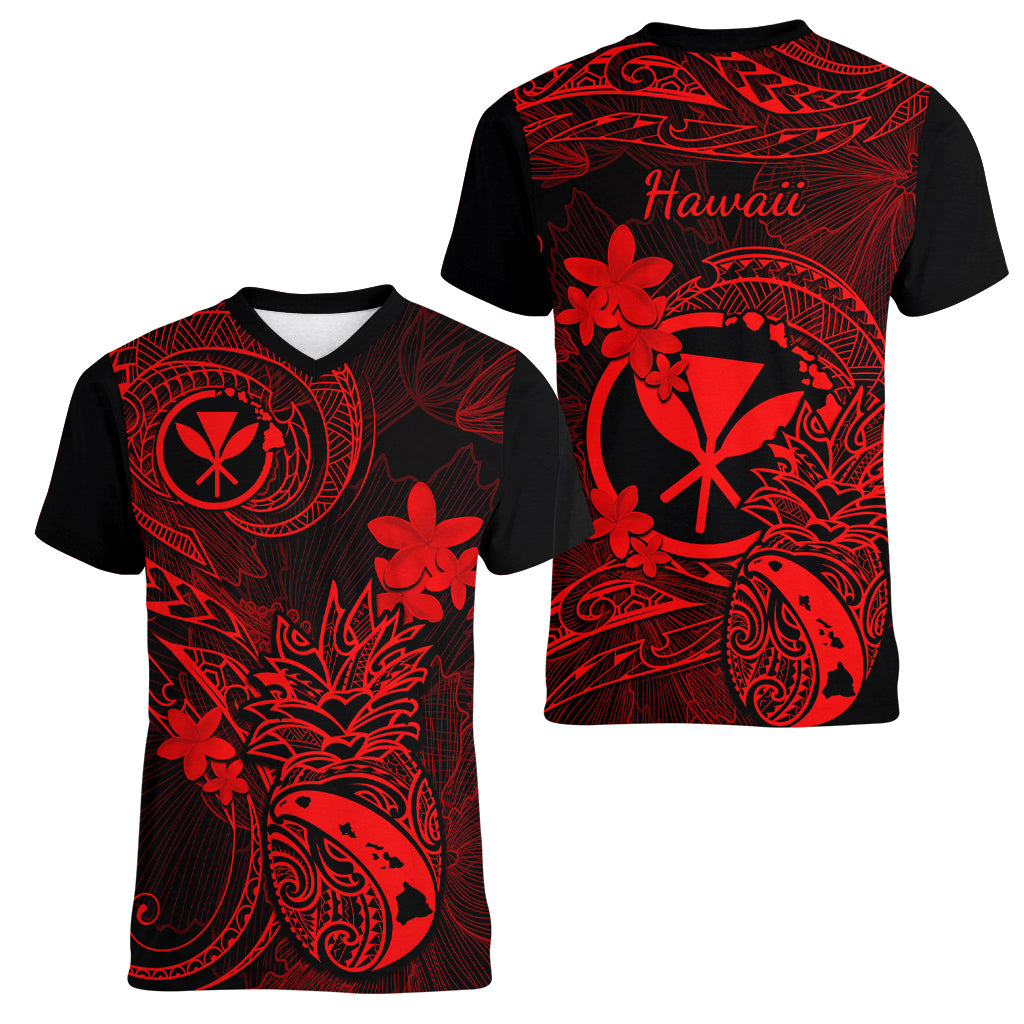 Hawaii Women V Neck T Shirt Pineapple Mix Polynesian Plumeria Red Version LT14 - Polynesian Pride