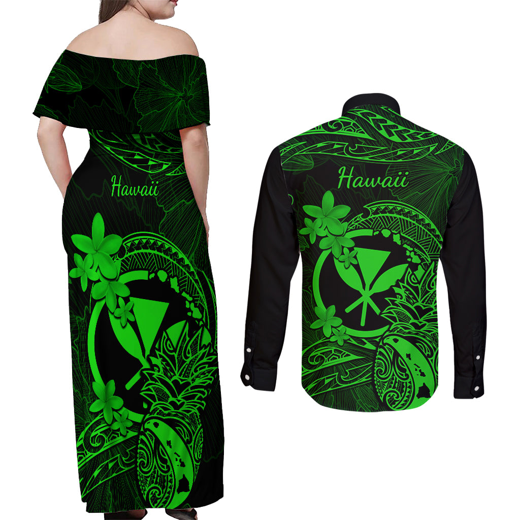 hawaii-couples-matching-off-shoulder-maxi-dress-and-long-sleeve-button-shirts-pineapple-mix-polynesian-plumeria-green-version
