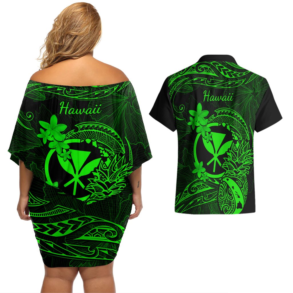 hawaii-couples-matching-off-shoulder-short-dress-and-hawaiian-shirt-pineapple-mix-polynesian-plumeria-green-version